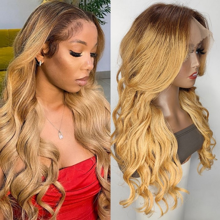 UNice Long Layered Feature Bangs with Light Brown Ombre Lace Front Wigs