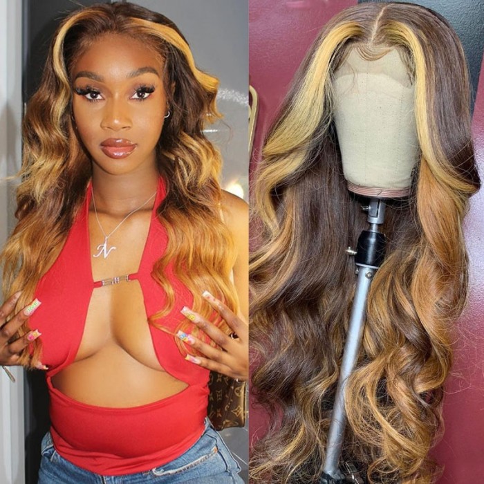UNice Long Wavy Curtain Bangs Brown and Blonde Ombre Body Wave Lace Front Wigs