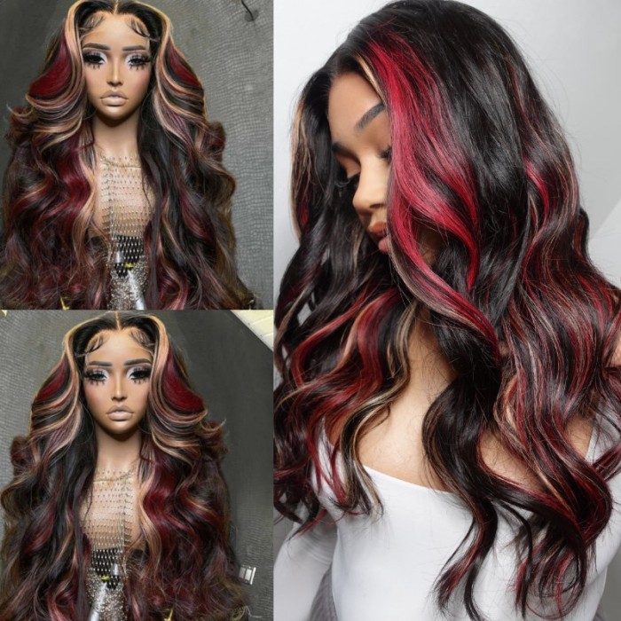 Black with Red & Blonde Highlights 13x4 Lace Front Red And Blonde Loose Wave Wig Flash Sale