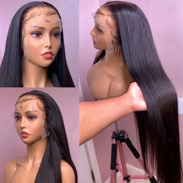 UNice 13x4 Straight 100% Human Hair Lace Front Wigs for African American Women 180% Density Glueless Lace Frontal Wig Pre Plucked with Baby Hair