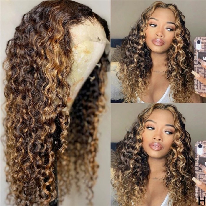 Ombre Honey Blonde Money Piece Highlight Lace Front Curly Human Hair Wigs Perfect Summer Hair