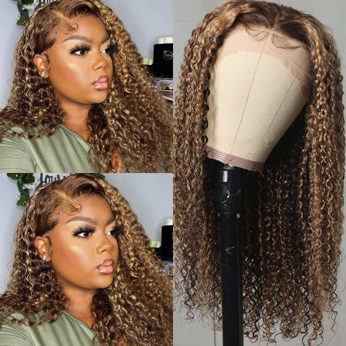 Unice Honey Blonde Money Piece Highlight 13x4 Lace Front Curly Human Hair Wigs