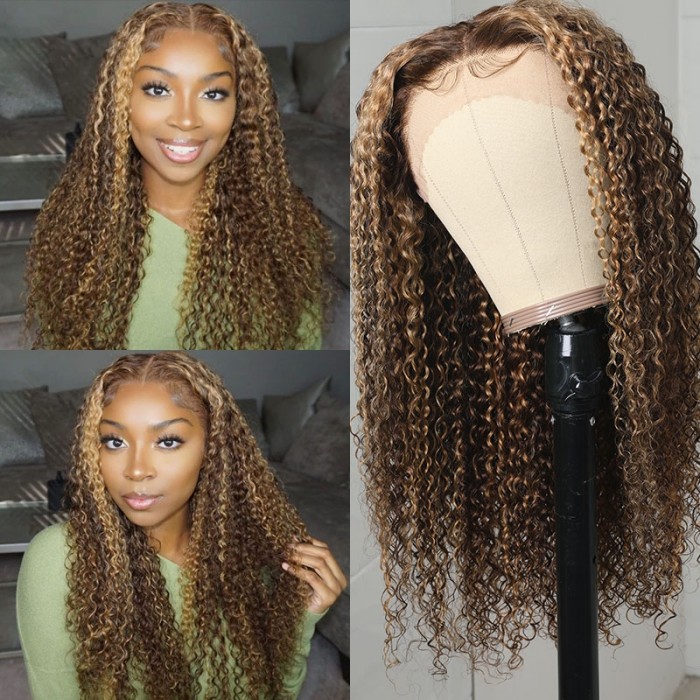 UNice Honey Blonde Money Piece Highlight Lace Front Curly Human Hair Wigs