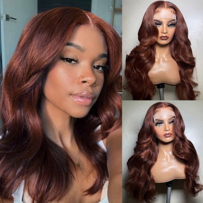 Flash Sale 18 inch Reddish Brown Body Wave 13x4 Lace Front Wig Spring Color Copper Red