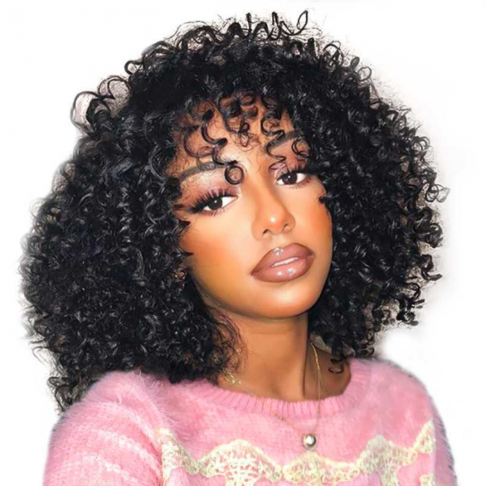 UNice Short Black Afro Curly Wigs with Bangs Human Hair for Women 12 inch