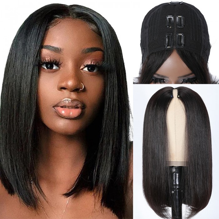 Black Short Bob V Part Straight Natural Hairline Wigs No Leave Out
