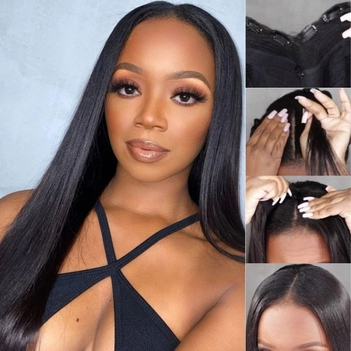 UNice Natural Black V Part Straight Human Hair Glueless 0 Skill Needed 5 Mins Change Wig