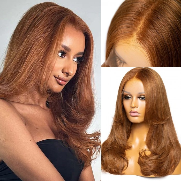 UNice Voluminous Long Reddish Blonde Body Wave Lace Front Brown Wavy Wig Human Hair