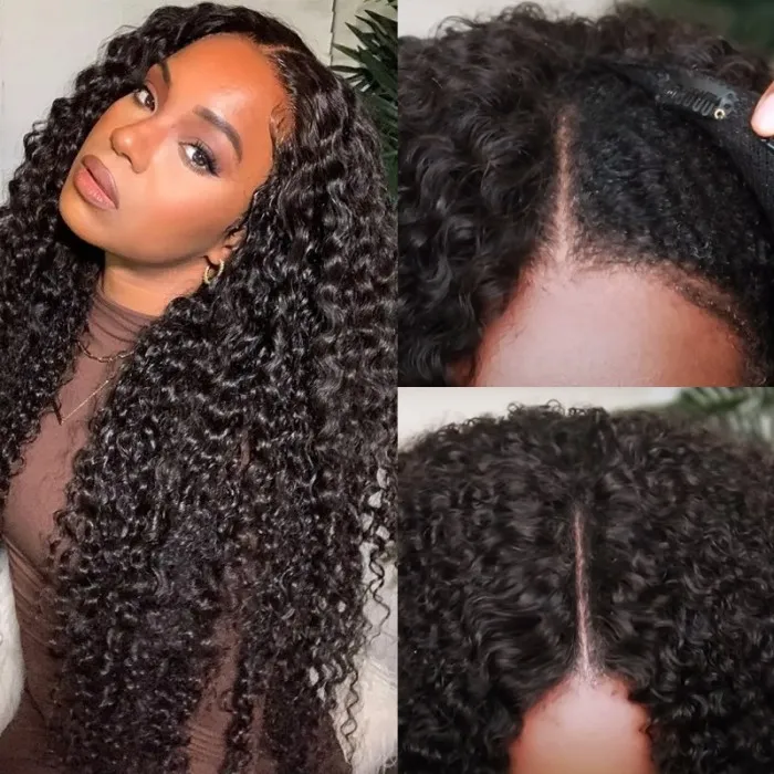 UNice Curly V Part Wig Human Hair Free Part Natural Black Color 150% Density