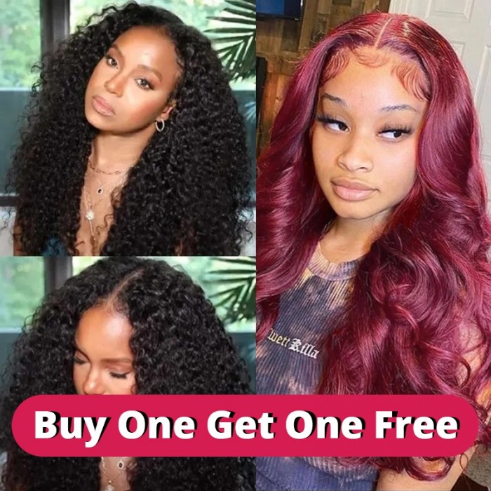 BOGO Free Unice 16 Inches V-Part Curly With 14 Inches Lace Part Burgundy Body Wave Wigs
