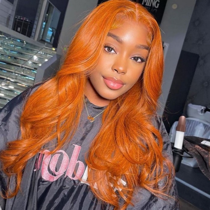 Ginger Orange Lace Part Body Wave Human Hair Wigs 150% Density