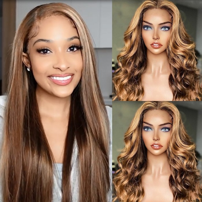 UNice Honey Blonde Highlight Lace Front Wigs Human Hair Body Wave Colored Wigs