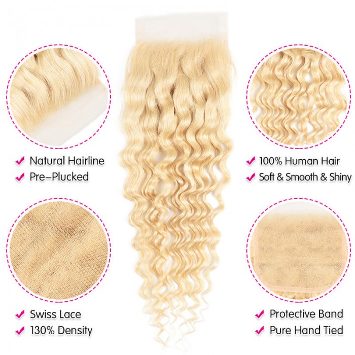 Unice Hair 613 Color Deep Wave Human Hair 4x4 Lace Closure Blonde