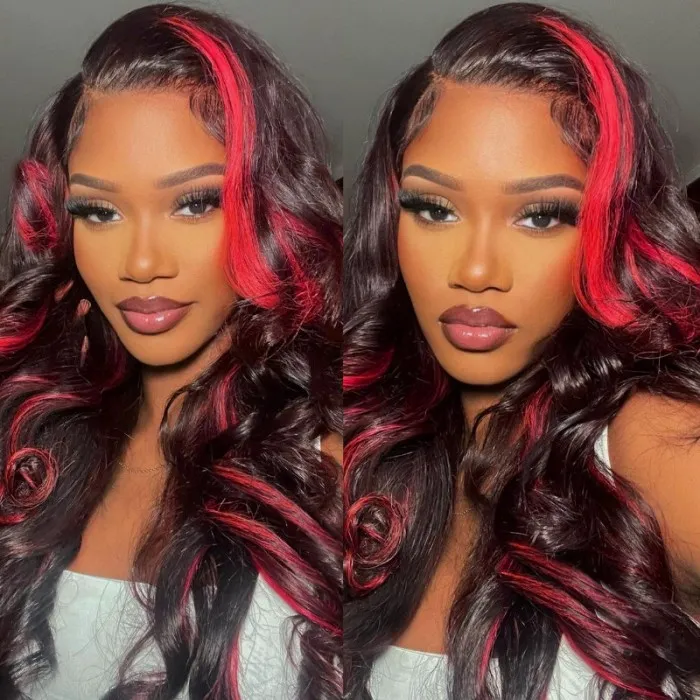 UNice Dark Burgundy With Rose Red Highlights 13x4 Lace Front Loose Wave Wig  