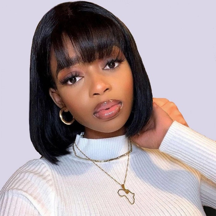 UNice Short Bob Wigs Black Wig for Women with Bangs Machine Made Straight  Wig 