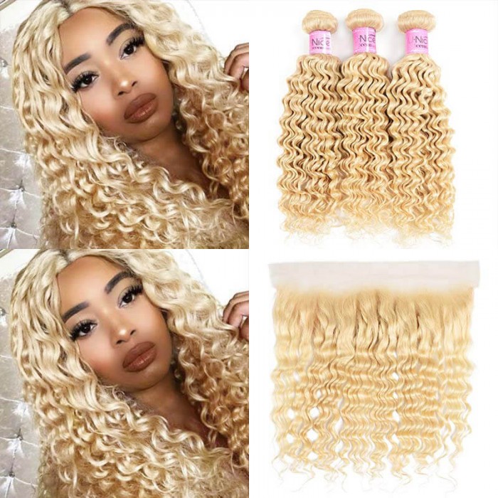 Unice Hair Icenu Series 613 Blonde Deep Wave Hair 3 Bundles With Lace Frontal Closure 13 4 With Baby Hair