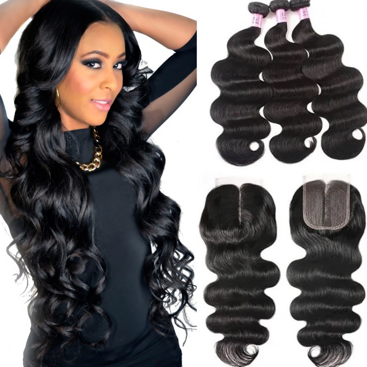 UNice Hair Body Wave Virgin Hair 3 Bundles With Closure Middle Part 100%  Unprocessed Human Hair Remy Hair Extensions 