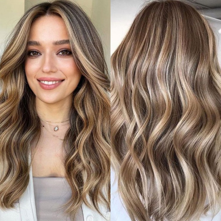 wavy brown hair with blonde highlights