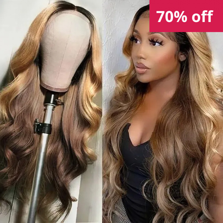 UNice Money Piece Brown Highlights Honey Blonde 13x4 Lace Front Loose Wave  Wig 
