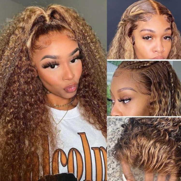 UNice Honey Blonde Sun Kissed Highlights 13x4 Lace Front Kinky Curly Wig |  