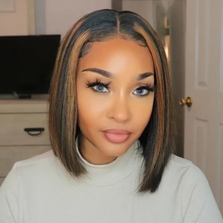 UNice Blunt Cut Straight Bob With Copper Brown Highlights  Lace Part  Wig 