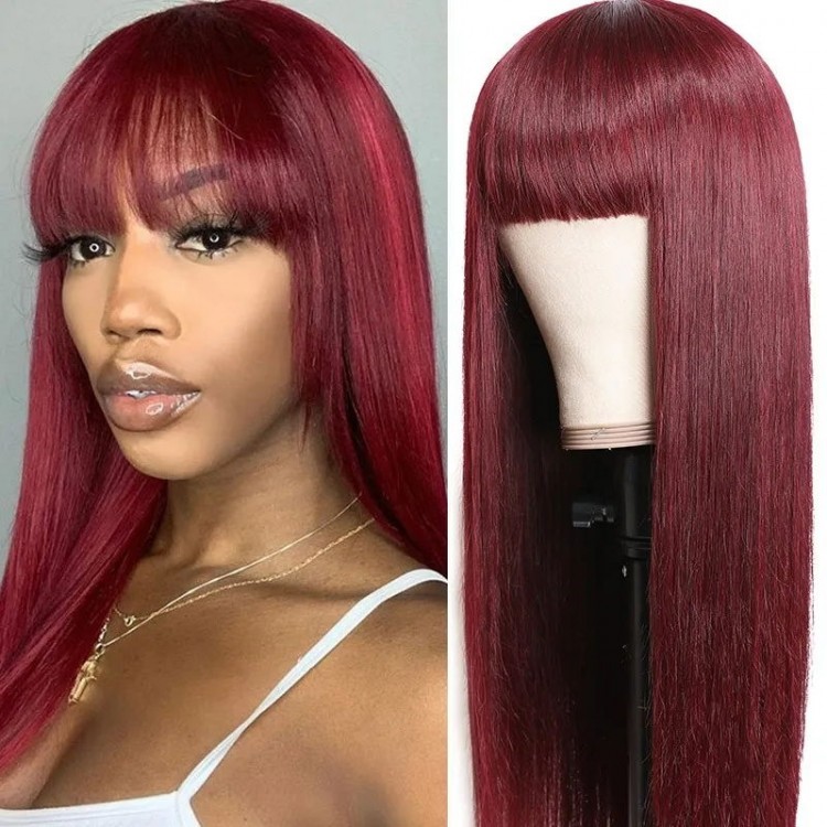 UNice Burgundy Silk Straight Human Hair Wigs with Bangs Glueless Machine  Made Wigs for Women Real Hair Wig 