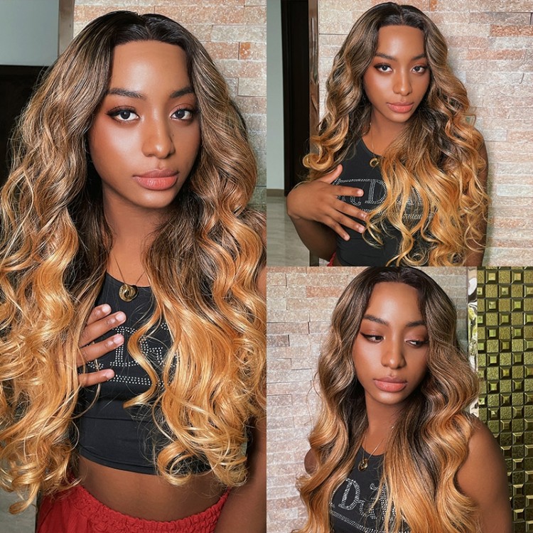 UNice Black Hair with Blonde Highlights Wavy Lace Front Wig 