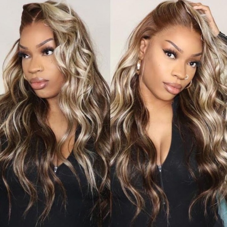 UNice Medium Brown Hair With Blonde highlights 13x4 Lace Front Loose Wave Wig |
