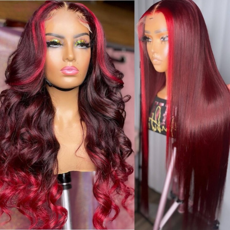 UNice Dark Burgundy With Rose Red Highlights 13x4 Lace Front Loose Wave Wig  