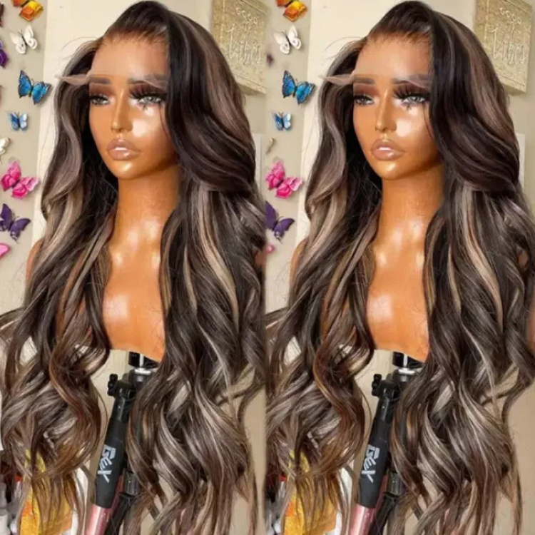UNice Chocolate Brown With Peek A Boo Blonde Highlights 13x4 Lace Front  Loose Wave Wig 