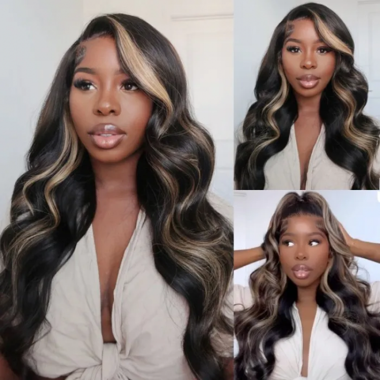 UNice 13x4 Lace Front Body Wave Black Wig With Blonde Peek A Boo Highlights  