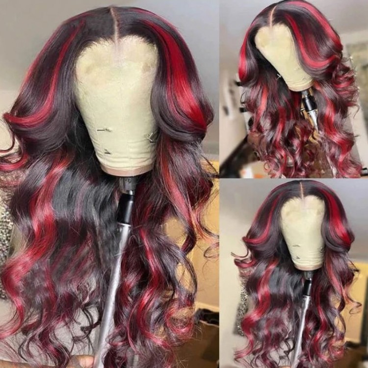UNice 13x4 Lace Front Straight Black Wig With Magenta Highlights 