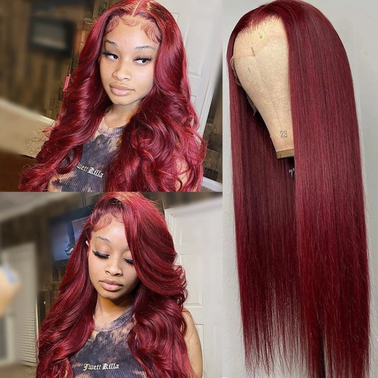 UNice Hair 99J Burgundy Straight Virgin Human Hair Lace Front Wigs  Pre-Plucked With Baby Hair Wine Red Hair Color Lace Wigs 