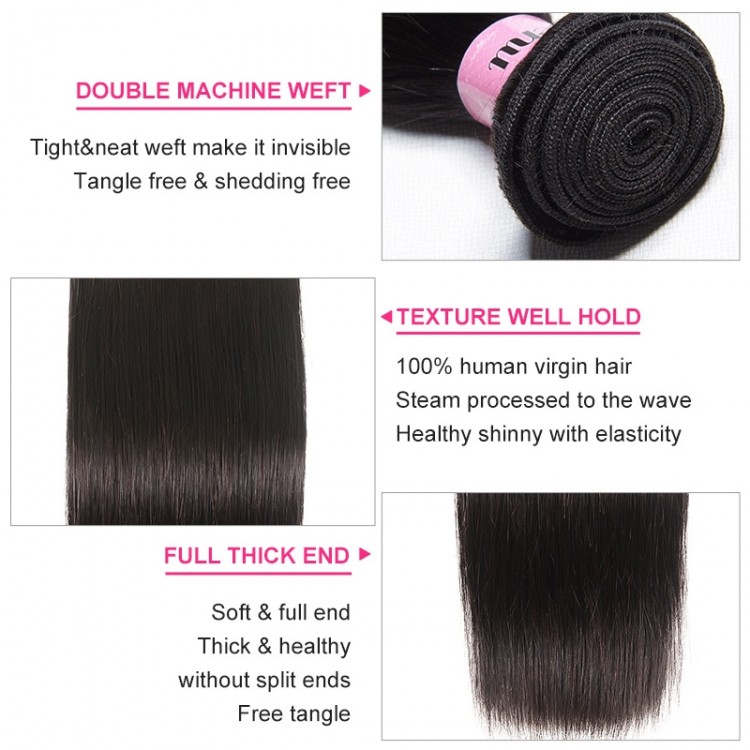 UNice Hair 3 Bundles With Closure Middle Part 100% Unprocessed Remy Human  Hair T Part Lace Closure Natural Black Color 