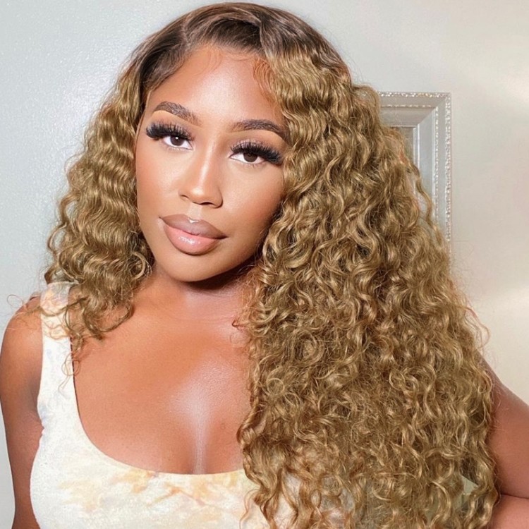 UNice Honey Blonde Wig with Brown Roots Deep Wave Lace Front Wig | UNice.com