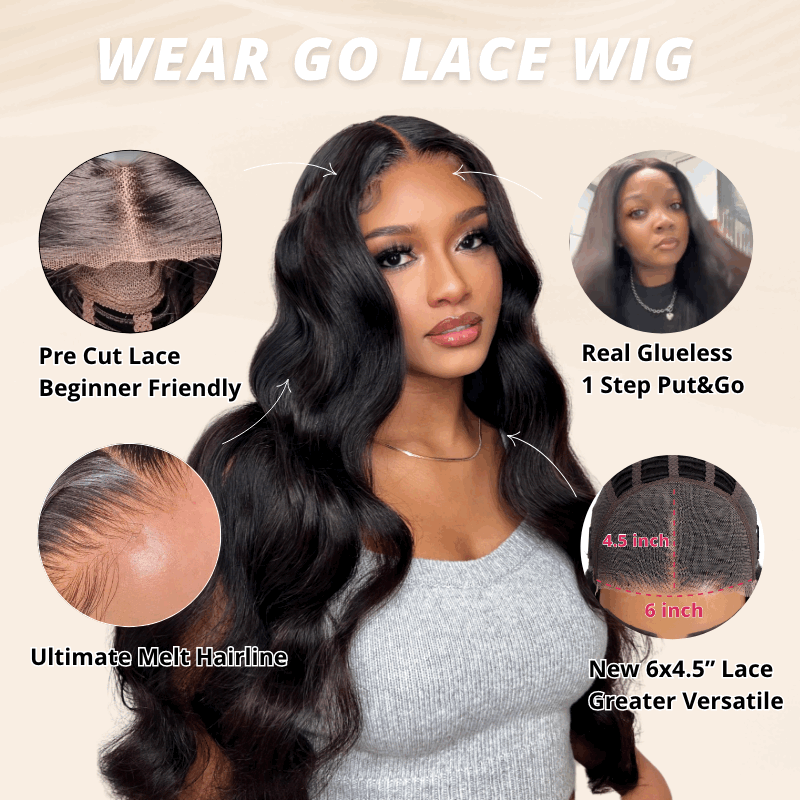 UNice 6x4.5 Pre Cut Lace Quick & Easy Body Wave Black Wig With ...