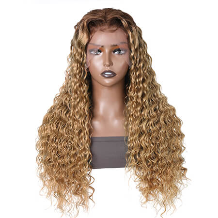 Crimped Wigs With Honey Blonde And Dark Roots