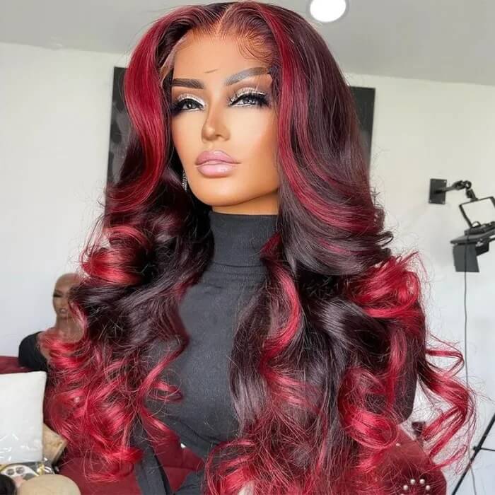 Burgundy With Rose Highlights Wig