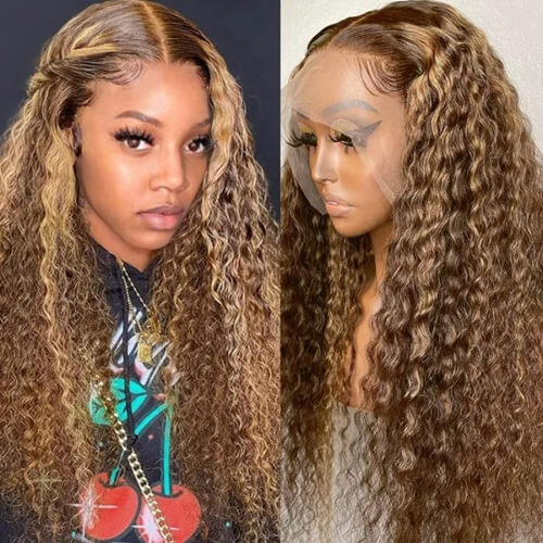 UNice Ombre Honey Blonde Money Piece Highlight Lace Front Curly Human Hair Wigs Bettyou Series