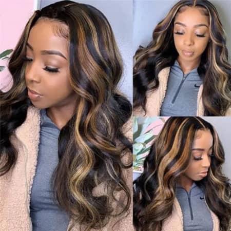4. UNice Highlight Balayage #FB30 Body Wave Lace Front T Part Wig Shadow Root Blonde Highlight Human Hair Wigs With Baby Hair