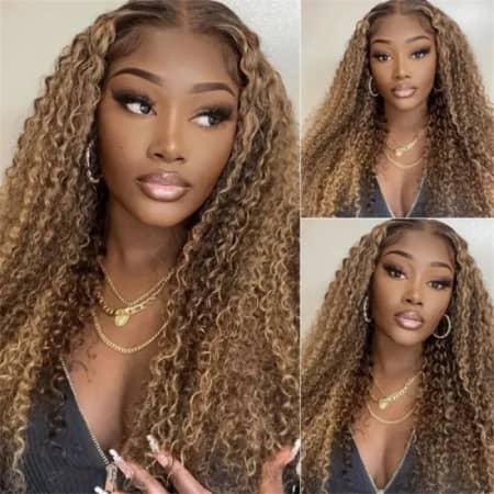 3. UNice Ombre Honey Blonde Money Piece Highlight Lace Front Curly Human Hair Wigs