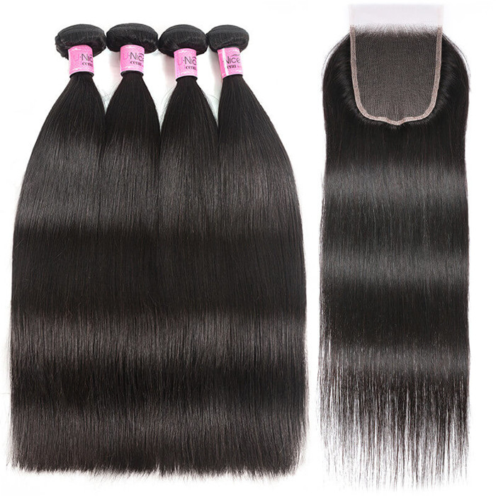 UNice Hair 5X5 HD Lace Closure With 4 Bundles Straight Hair 100% ...