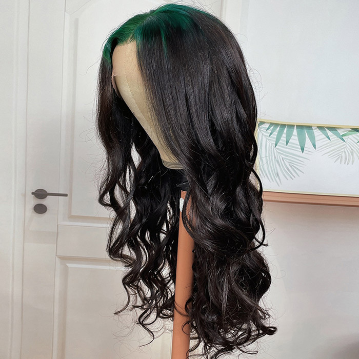 green highlights in black hair