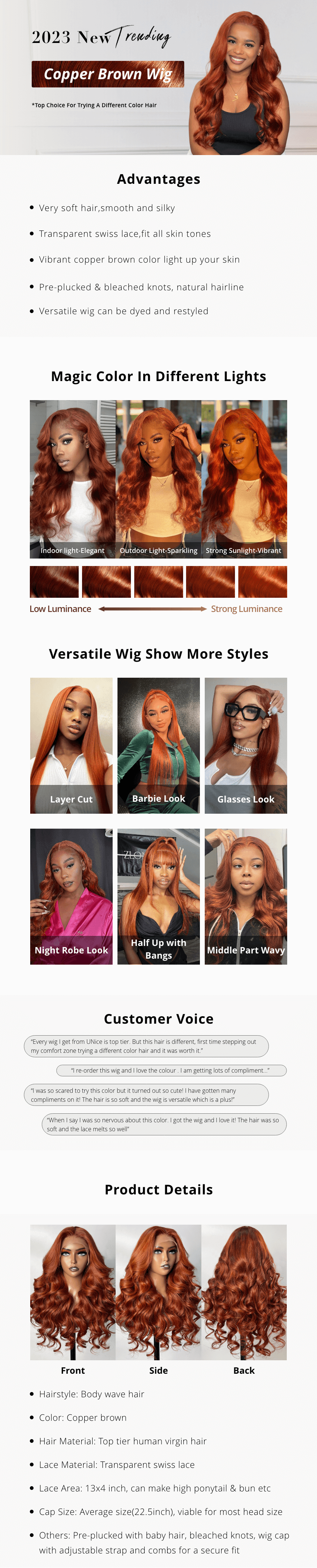 copper brown wigs details